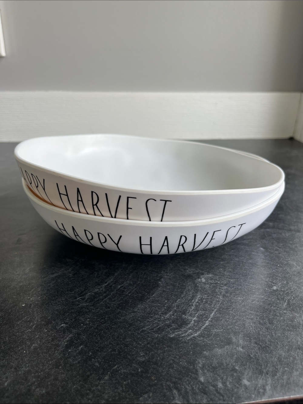 Rae Dunn White- Black Plastic “Happy Harvest" Nesting Serving Bowls (set of 2)